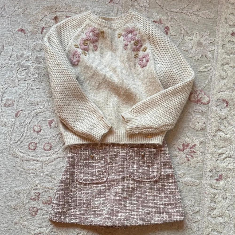 Mayoral Cream Knit Sweater with Pink Floral Embroidery & Pink Tweed Mini Skirt